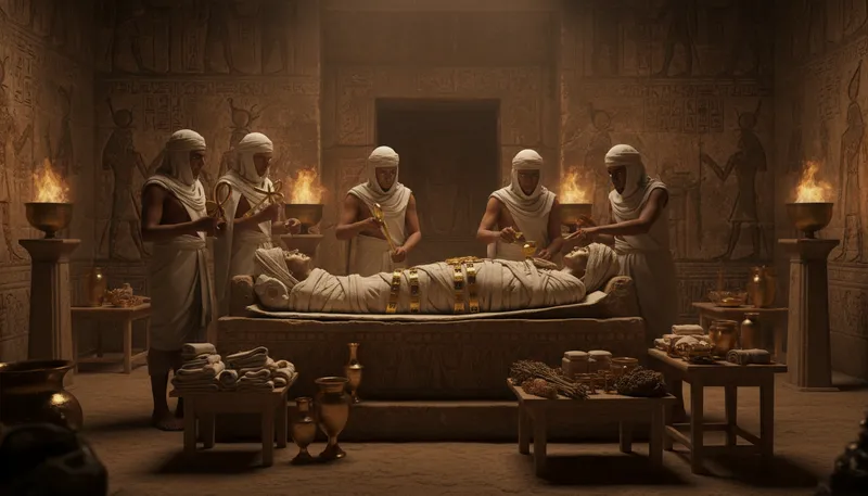 Illustration of mummify: To preserve a body with drying techniques.