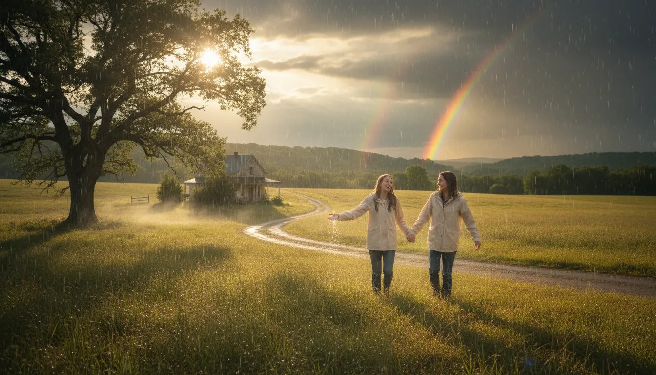 Illustration of the devil is beating his wife: sun shines while it rains