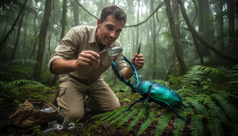 Illustration of entomologist: A scientist who studies insects.