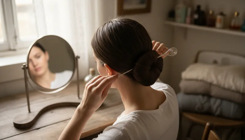 Illustration of hairpin: A bent pin used for holding hair.