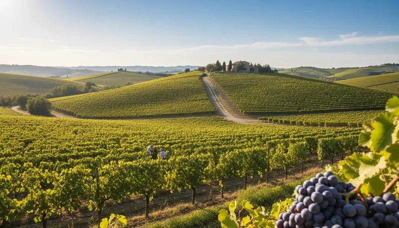 Illustration of vineyard: A farm where grapes are grown for wine.