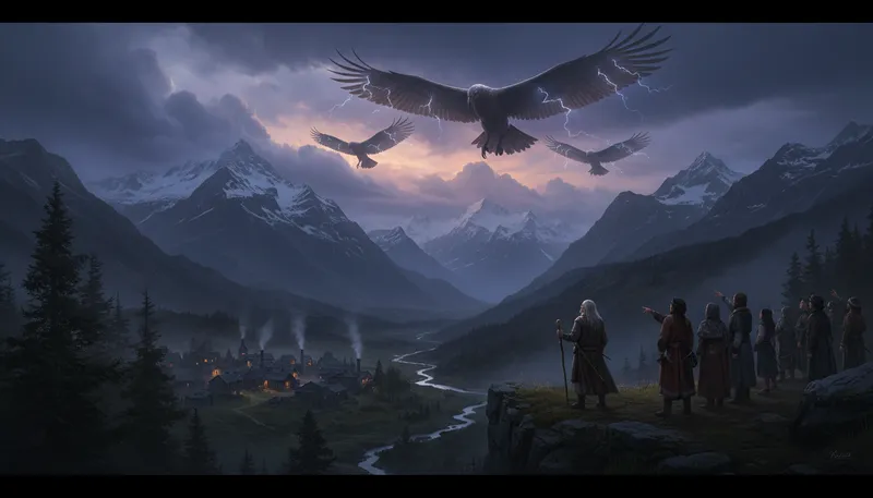 Illustration of thunderbirds: Mythical birds associated with thunder and storms.