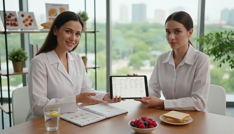 Illustration of nutritionist: A person who advises on food and diet.