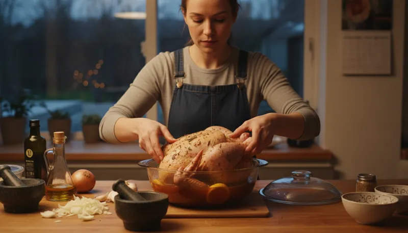 Illustration of marinate: To soak food in a seasoned liquid.