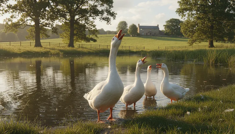 Illustration of gaggle: A group of geese on the ground.