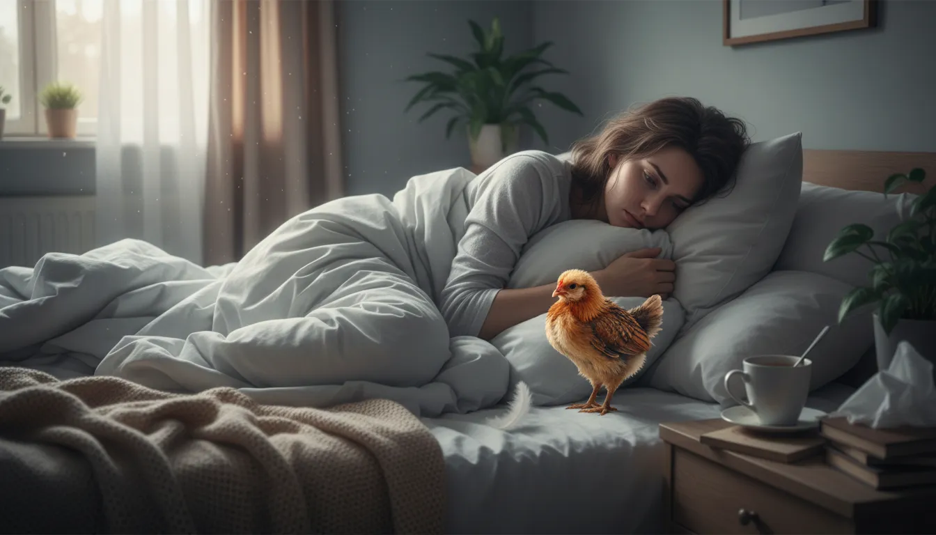 like a chicken with the pip-এর ইলাস্ট্রেশন: feeling unwell, miserable, or slightly depressed