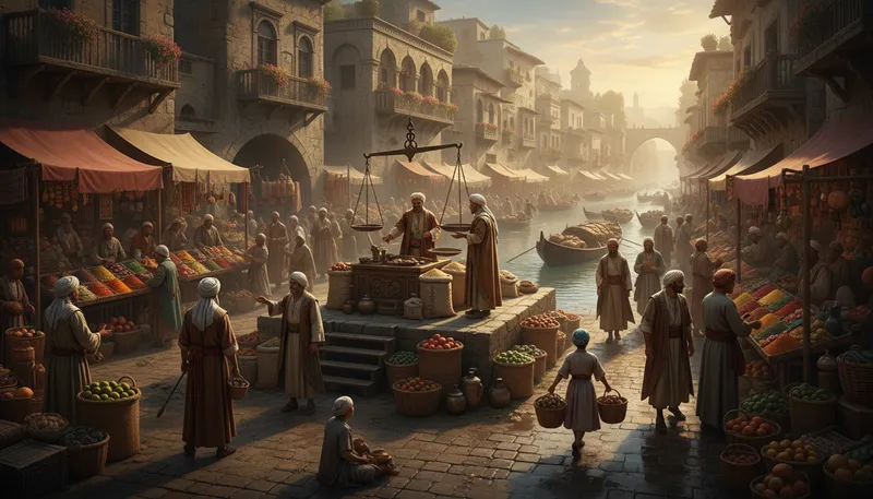 Illustration of commerce: the activity of buying and selling.