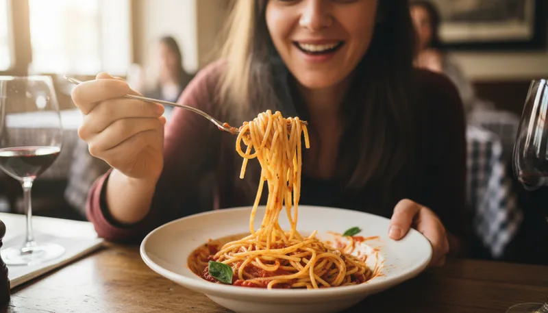 Illustration of spaghetti: Long, thin pasta often served with sauce.
