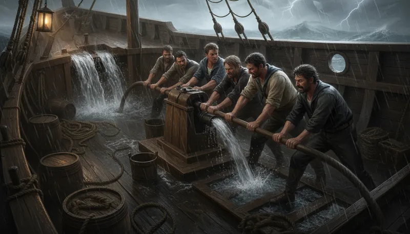 Illustration of all hands to the pump: everyone must help in a difficult situation.