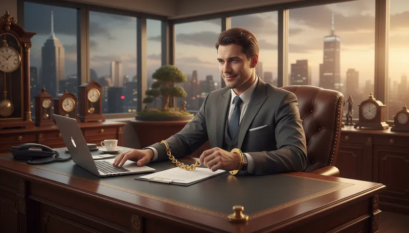 Illustration of golden handcuffs: financial incentives that bind employees.