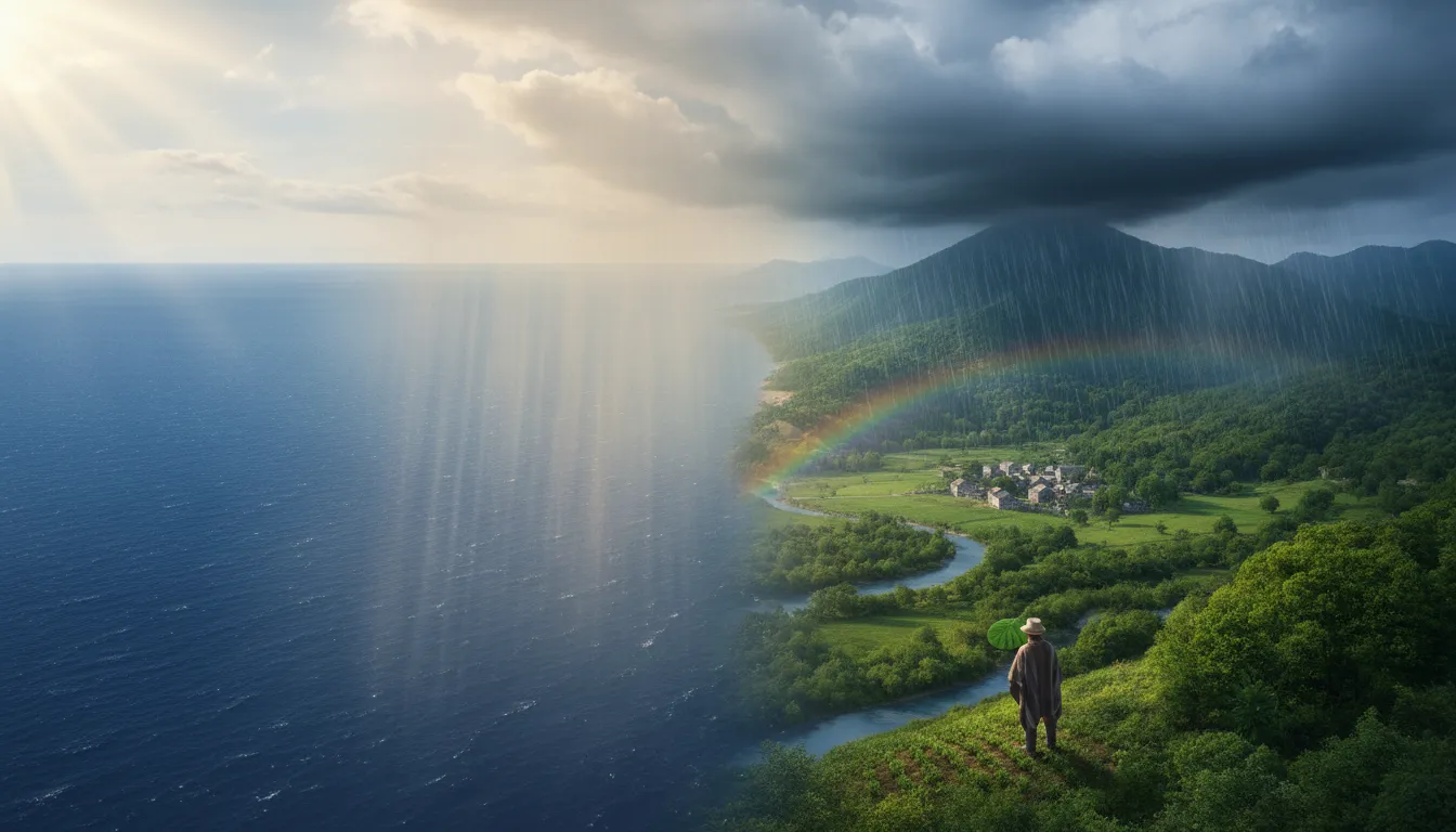 Illustration of hydrologic cycle: The constant movement of water between the ground, the oceans, and the air.