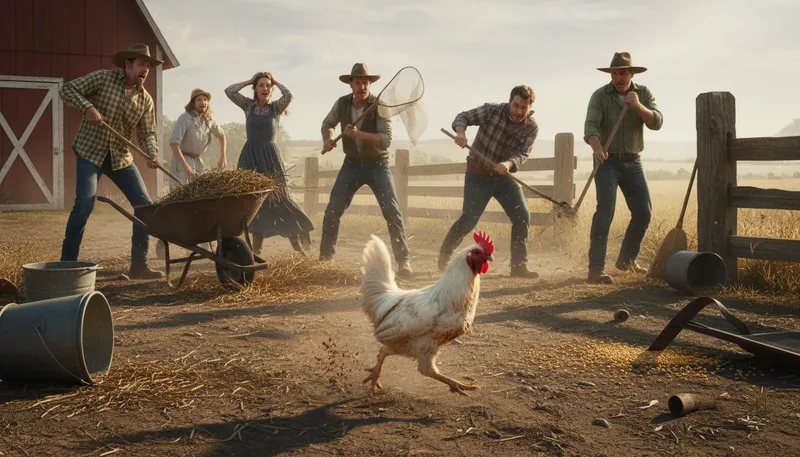 Illustration of run around like a chicken with its head cut off: act in a frenzied and disorganized way.