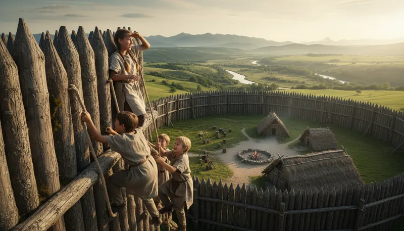 Illustration of palisade: A fence made of wooden stakes or posts.