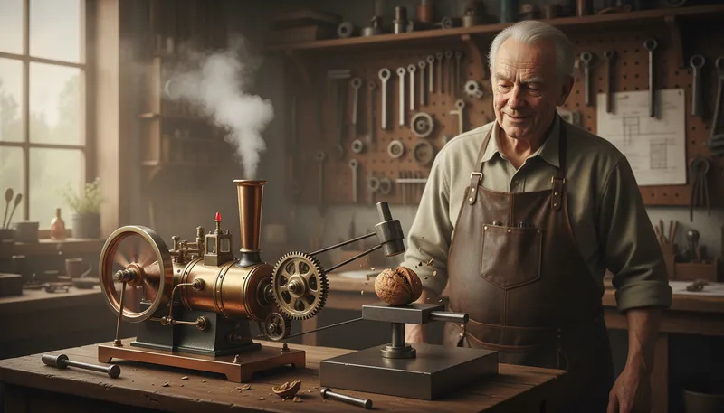 Illustration of employ a steam engine to crack a nut: Use excessive force for a small task.