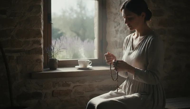 Illustration of rosario: A string of prayer beads used in Catholicism.