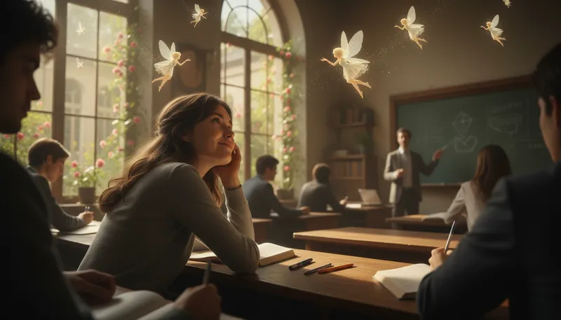 Illustration of away with the fairies: Daydreaming or being out of touch with reality.