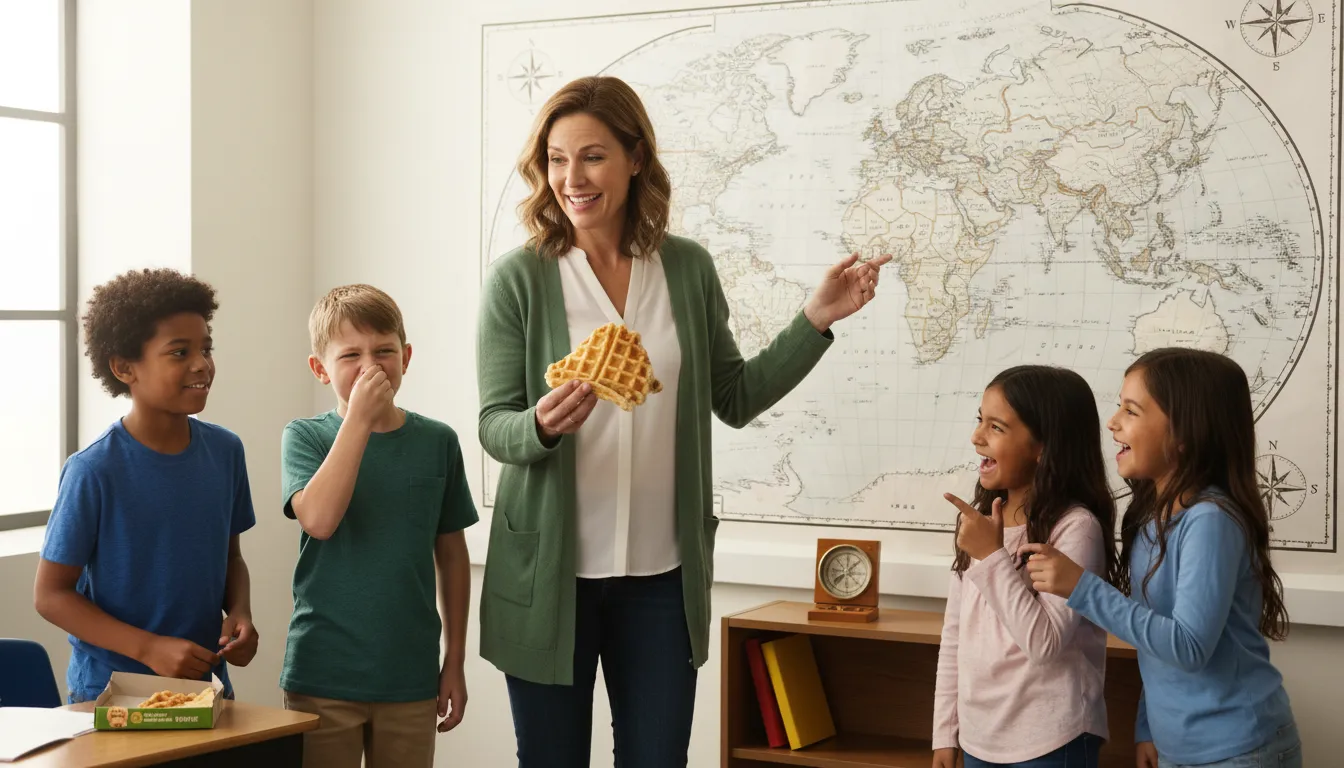 Ilustrasi never eat soggy waffles: Mnemonic for North, East, South, West directions.