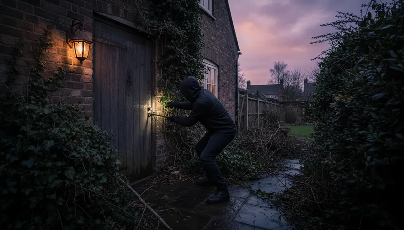Illustration of break in: To enter a place by force.