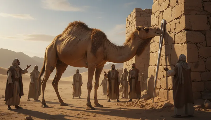 Illustration of camel through the eye of a needle: an impossible task or situation