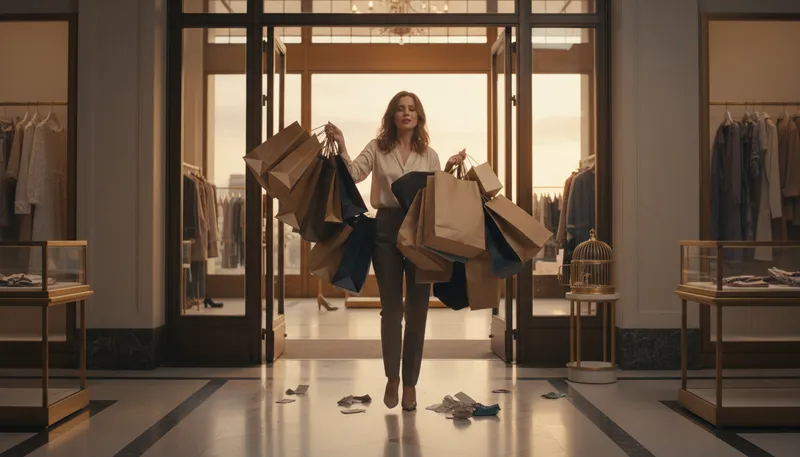 Illustration of slave to fashion: someone overly obsessed with clothing trends.