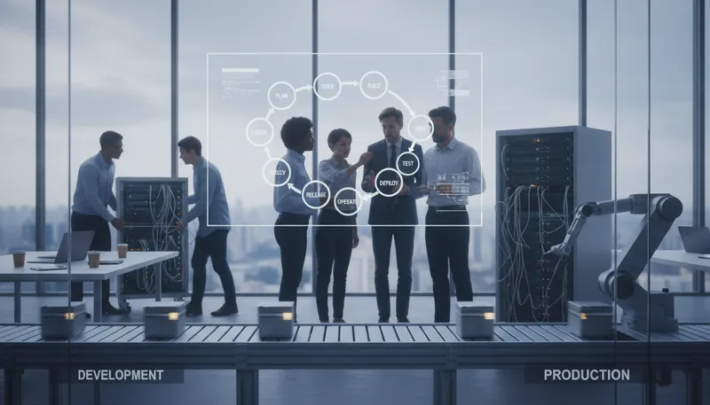 Illustration of devops: A software development approach combining development and operations.