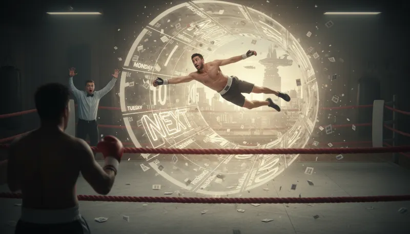 Illustration of knock someone into the middle of next week: Hit someone very hard.