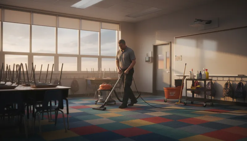 Illustration of custodian: A person responsible for cleaning and maintaining buildings.