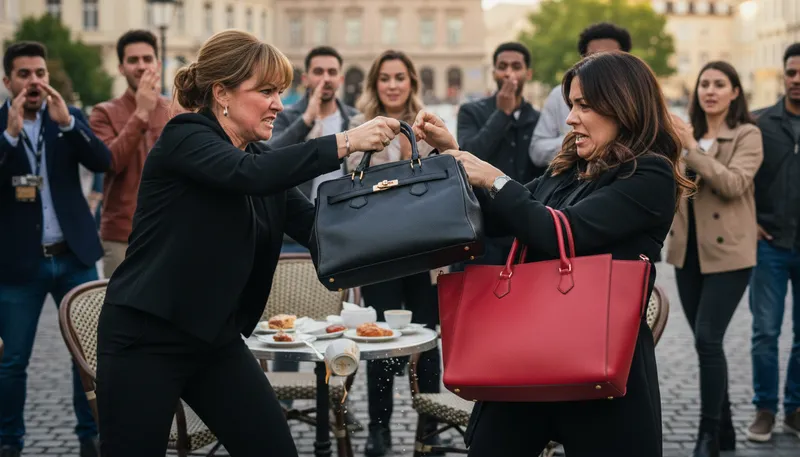 Illustration of the handbags come out: an argument or conflict begins