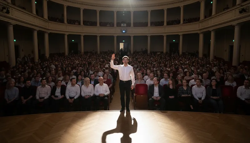 Illustration of would the real someone please stand up: calling for authenticity or truth