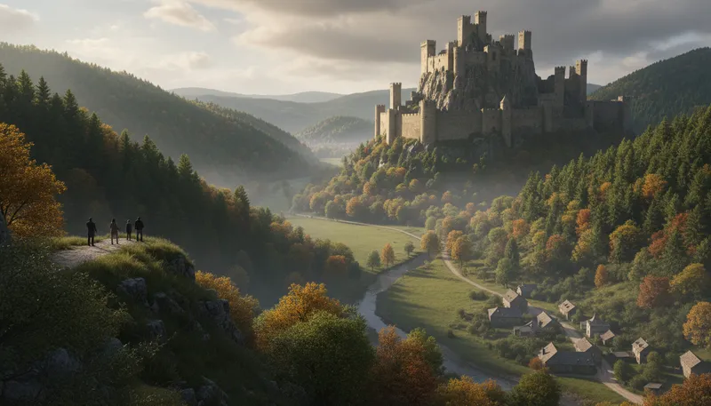 Illustration of castle: a large building fortified for defense.