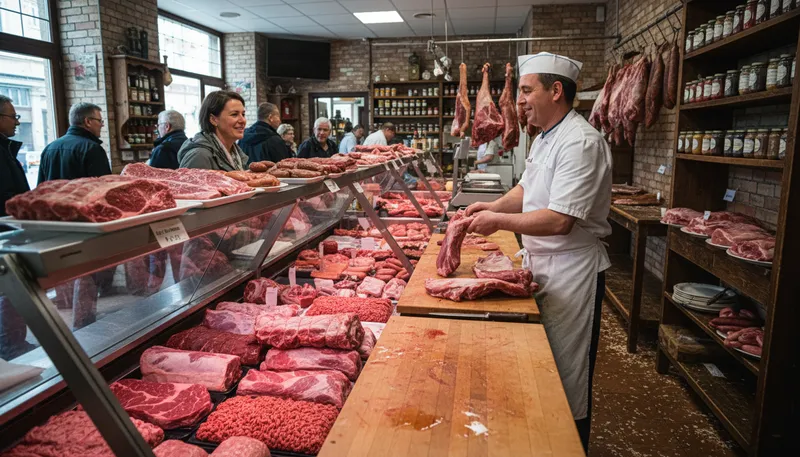 Illustration of butchery: Place where meat is prepared and sold.