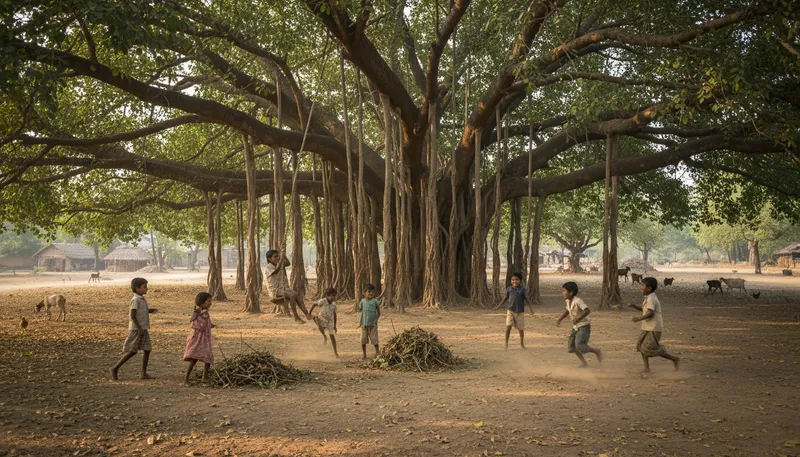 Illustration of banyan: A tree with spreading roots and branches.