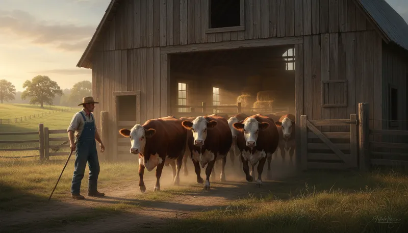 Illustration of cattle: Large farm animals raised for meat or milk.