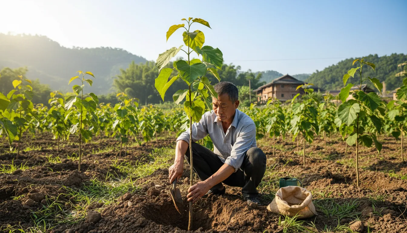 Иллюстрация tung: an Asian tree grown for its oil-rich seeds
