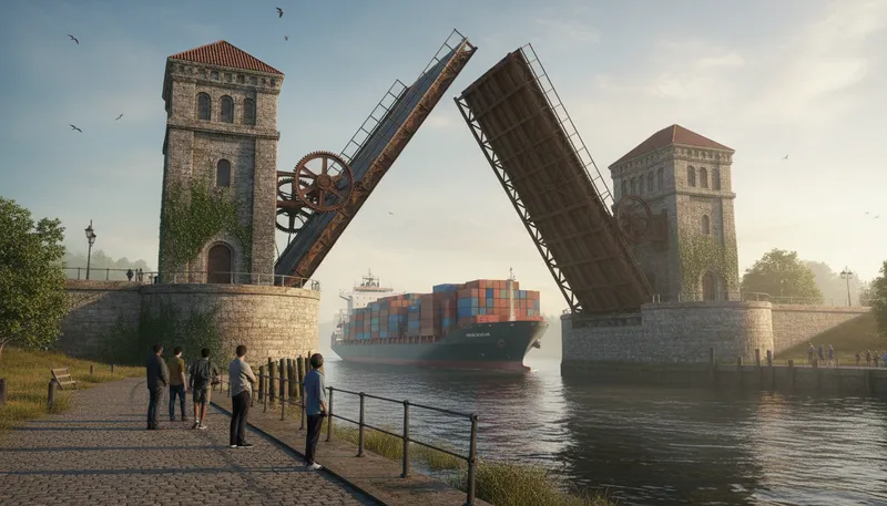 Illustration of drawbridge: a bridge that can be raised or lowered.