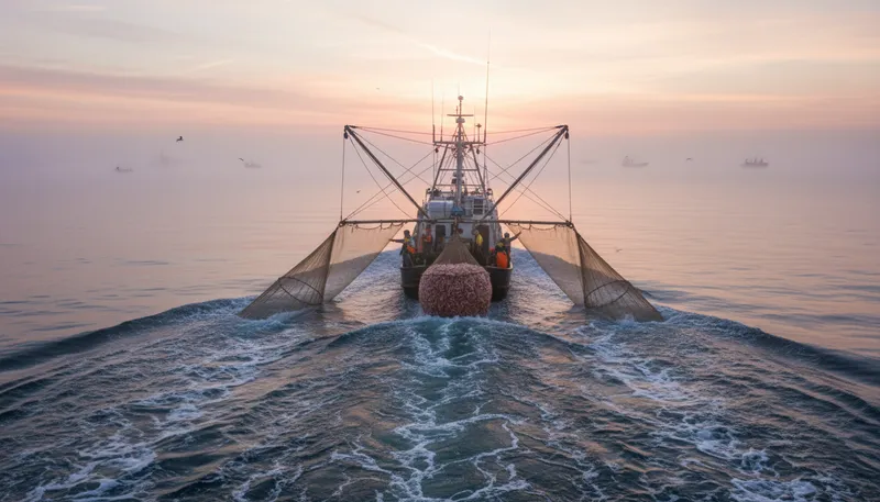 Illustration of trawl: To fish using a large net.