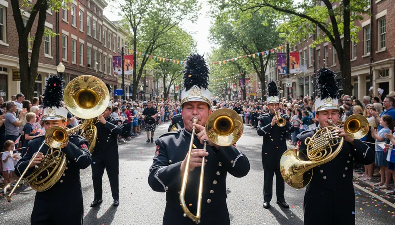 Illustration of brass: military band instruments made of brass
