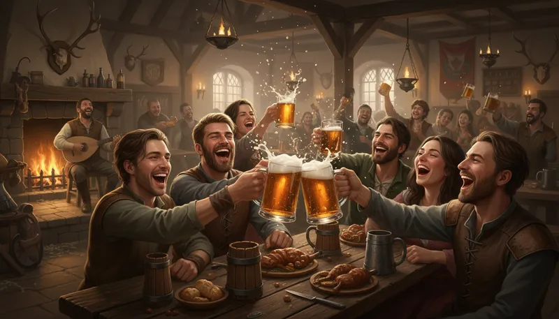 Illustration of tavern: A place where people gather to drink and eat.