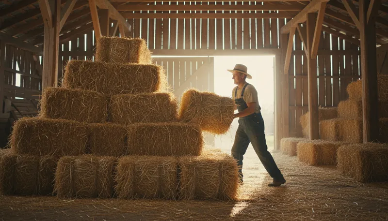 Illustration of hay: Dried grass used for animal feed.