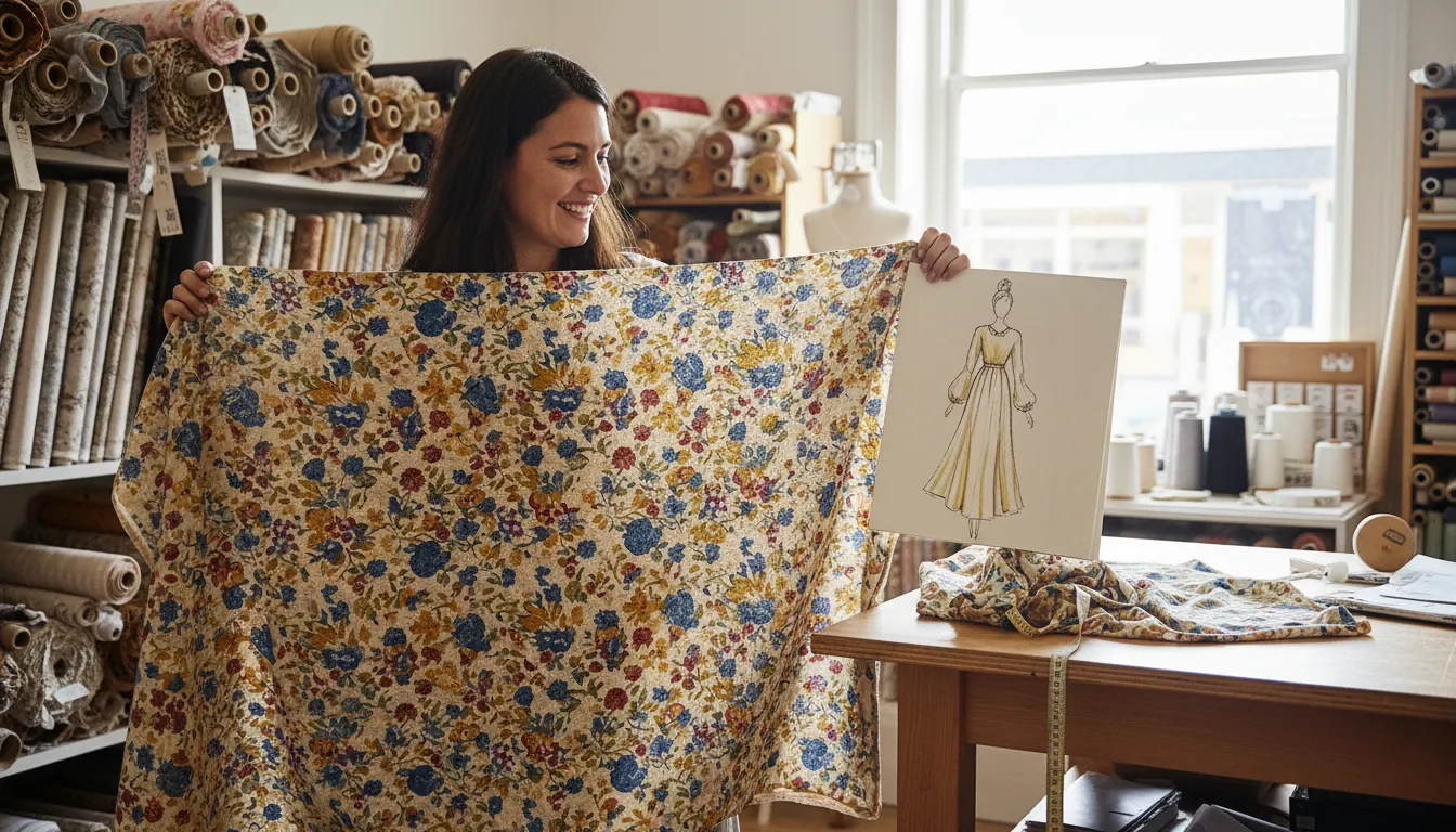 calico 的插圖：A fabric pattern with various colors and shapes.