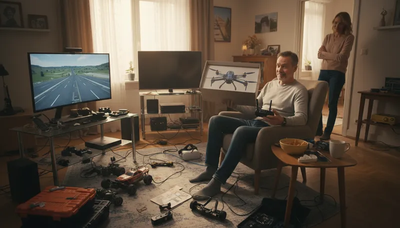 Illustration of boys and their toys: men's fascination with gadgets or games