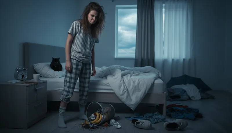 Illustration of get out of bed on the wrong side: start the day in a bad mood