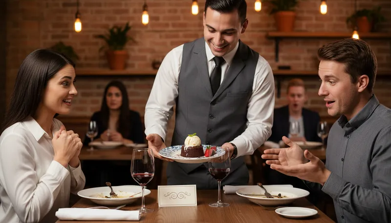 Illustration of compliments of the house: free items given by a restaurant.