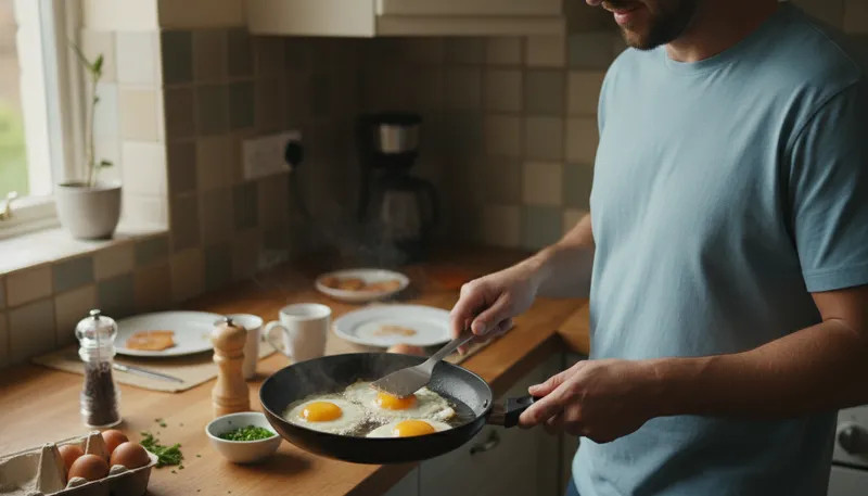 Illustration of fry up: To cook food quickly in hot oil.