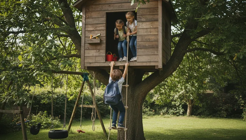 Illustration of treehouse: A small house built in a tree.