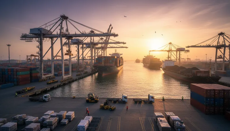 Illustration of seaport: a harbor where ships load and unload.