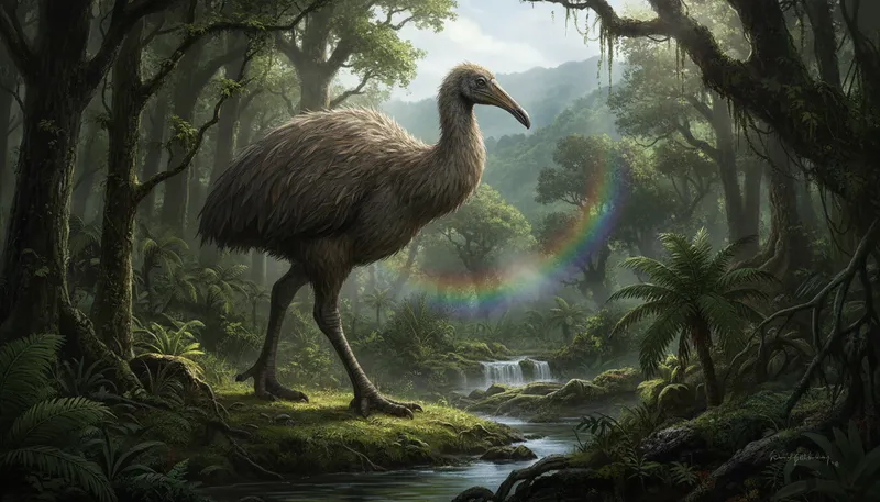 Illustration of moa: An extinct flightless bird from New Zealand.