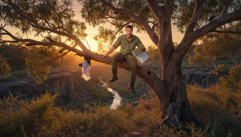 Illustration of up a gum tree: in a difficult or hopeless situation.