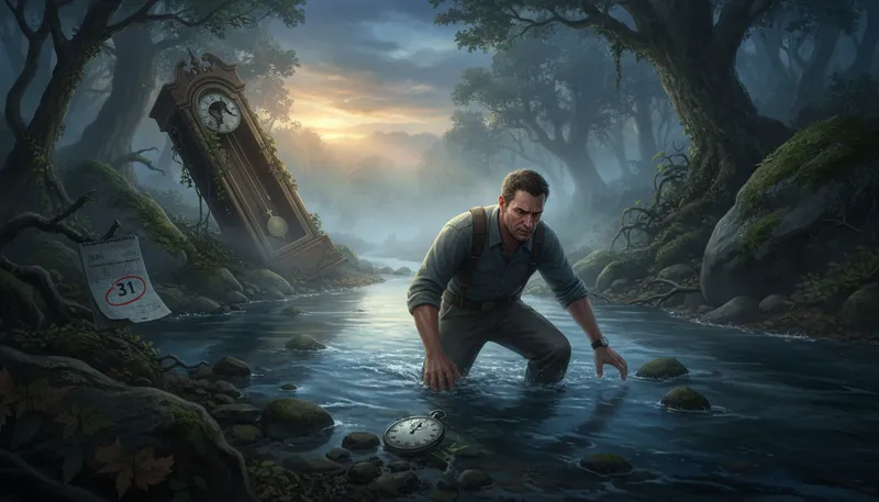 Illustration of up the river: In trouble or a difficult situation.