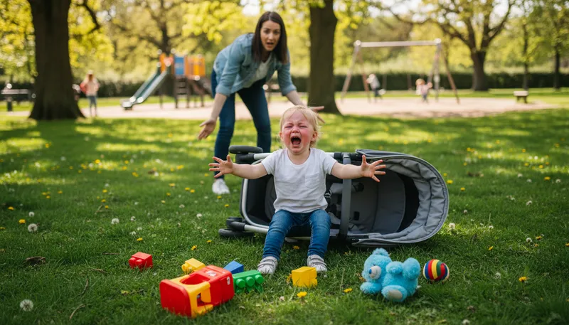 Illustration of throw one's toys out of the pram: React angrily or childishly.